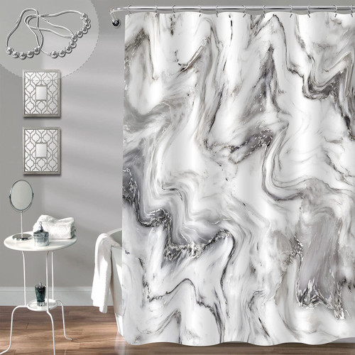 Gibelle Grey Marble Shower Curtain for Bathroom, Abstract Granite Marble Fabric Modern Luxury Art Waterproof Shower Curtain Set Unique Bath Accessories, White Gray, 72x72