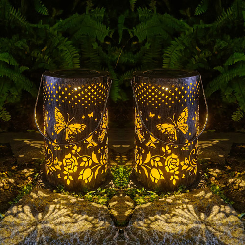 LMLAITE 2 Pack Solar Lanterns Outdoor LED Lights, IP65 Waterproof Outdoor Decorative Garden Light , Retro Gold Butterfly Hollowed-Out Hanging Solar Lanterns for Yard Patio Lawn Porch Pathway