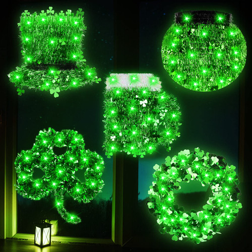 5 Pcs St. Patrick's Day Decorations Lights Prelit Tinsel Shamrock St. Patrick's Day Wreath String Lights Battery Operated Beer Mug Leprechaun Hat Garland Irish Window Light St. Patrick Home Decor