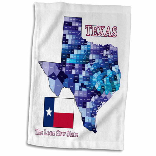 3D Rose Flag and County Map of Texas in Blues with State Name and Nickname Hand Towel, 15" x 22", Multicolor