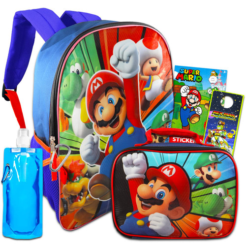 Super Mario Backpack and Lunch Box Set for Kids - Mario Backpack and Lunch Bag Bundle with 200 Mario Stickers, Water Bottle, and More (Super Mario School Supplies for Boys)