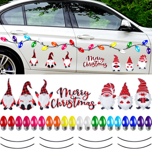 35 Pcs Christmas Reflective Car Magnets Set Christmas Car Refrigerator Decorations Reflective Light Bulb Magnet Decorations Christmas Cruise Door Decorations Magnetic Gnome Car Magnets and Decals