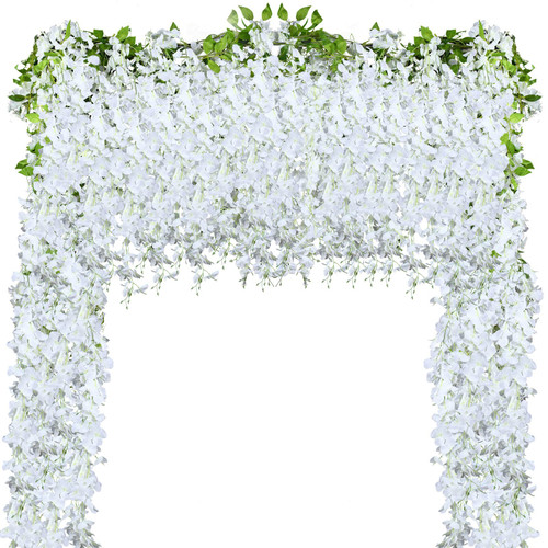 6 Pcs 35 ft Artificial Flowers Wisteria Garland Fake 60 Branches Silk Artificial Wisteria Vine Hanging Flower Greenery Garland for Home Garden Outdoor Ceremony Wedding Arch Floral Decor (White)