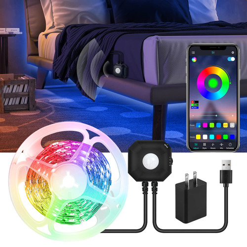 Motion Activated LED Light Strip with APP Control, 9.8Ft RGB Motion Sensor Under Bed Lights with Automatic Shut Off Timer, Music Sync USB 5V Dimmable Night Light for Bed Wardrobe Cabinet Staircase