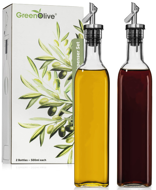 GREENOLIVE Oil and Vinegar Dispenser Set - Olive Oil Bottles For Kitchen - Glass Cruet Set - Liquid Dispenser for Cooking Oil - 17 oz. No Drip Pour Spouts with Caps (Clear)