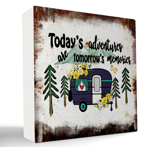 kunlisa Today's Adventures are Tomorrow's Memories Wooden Box Sign Desk Decor,Rustic Wood Block Plaque Box Sign for Campsite RV Wall Shelf Tabletop Decoration,Campers Camping Lovers Adventurers Gifts