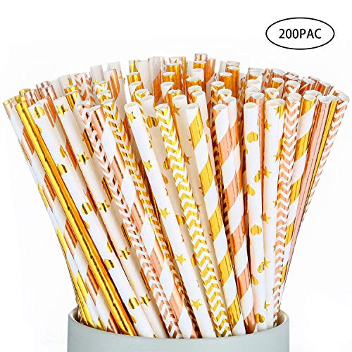 BIIIU Paper Straws,200 Pack Biodegradable Disposable Chevron Paper Straws Bulk with 8 Different Patterns Pink/Gold for Party Decorations,Birthdays,Weddings,Celebrations