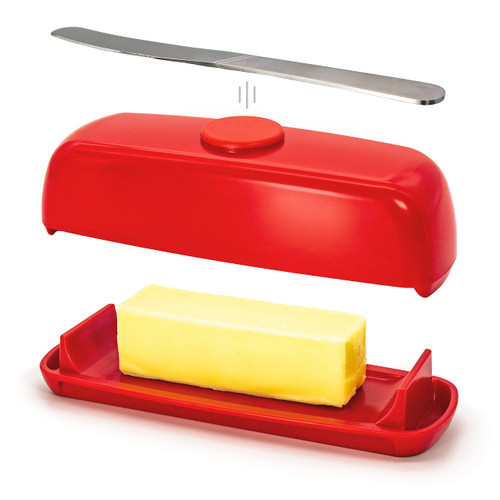 Butter Hub Butter Dish with Lid and Knife, Magnetic Butter Keeper, Easy Scoop, No Mess Lid, Plastic, Dishwasher Safe (Red)