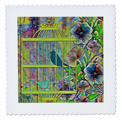 3dRose Image of Blue and Aqua Birds in Lime Cage with Blue Flowers - Quilt Squares (qs_357327_1)