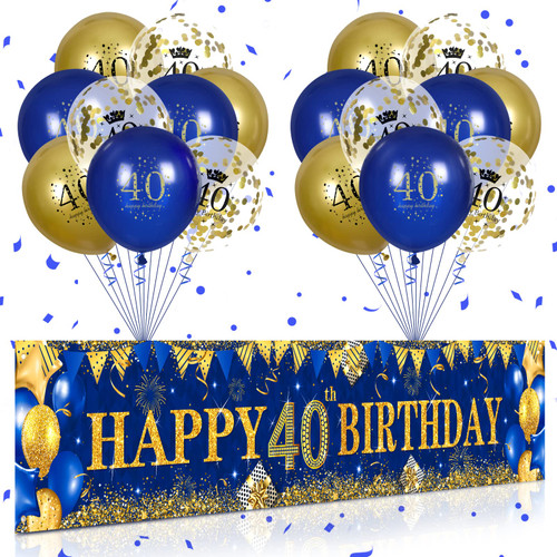 40th Birthday Decorations for Men Women Blue and Gold,Navy Blue Gold Birthday Yard Banner and 18 PCS 40th Happy Birthday Balloons for 40th Anniversary Birthday Party Supplies Indoor Outdoor Yard Decor