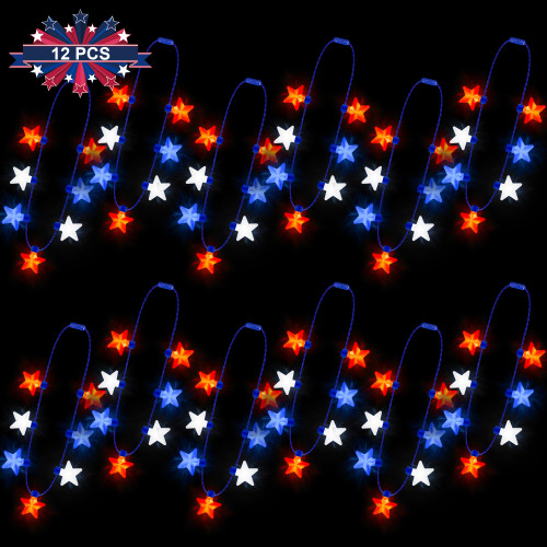 4th of July Necklace Accessories, 12PCS Independence Day Light up Necklace, Fourth of July Necklace 7 Bulb Red Blue Whtie Stars, Glow Necklaces Bulk for Flag Day Patriotic Themed Parades Parties Favors Supplies