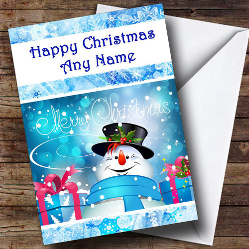 Blue Snowman In A Hat Christmas Holiday Greetings Greetings Card Personalized