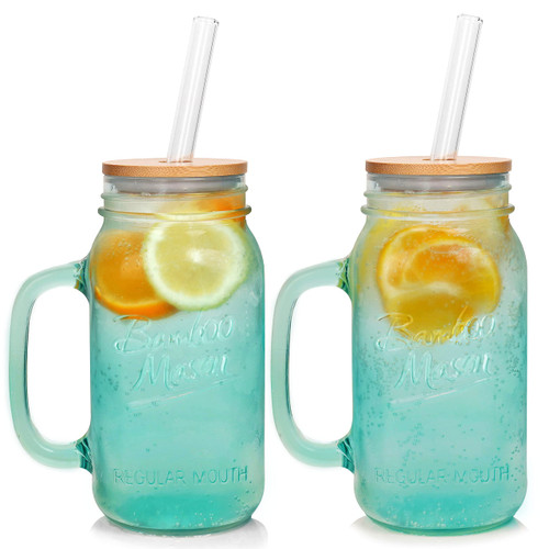 ANOTION Mason Jar with Handle - Colorful Drinking Glasses Colored Glass Cups with Lids and Straws Colored Glasses Drinking Set of 2 Mason Jars Iced Coffee Cups Boba Tumblers Smoothie Water Bottles