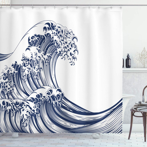 Ambesonne Japanese Wave Shower Curtain, Oriental Vintage Wave Monochrome Kanagawa Inspired Antique Art, Cloth Fabric Bathroom Decor Set with Hooks, 69" W x 84" L, Navy Blue White