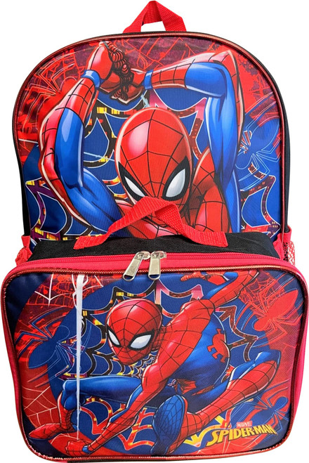 Ruz Spiderman Boy's 16 Inch Backpack With Removable Matching Lunch Box (Black-Red)