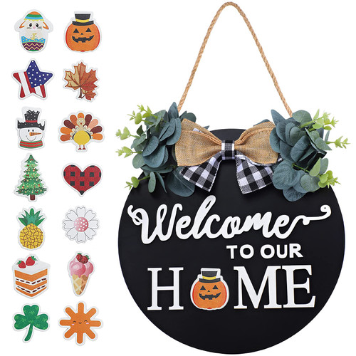 Seasonal Interchangeable Welcome Sign for Front Door Decor, Welcome to Our Home Sign with Interchangeable Holiday Pieces, Welcome Door Sign for Farmhouse Front Porch Decor and Housewarming Gift(Black)