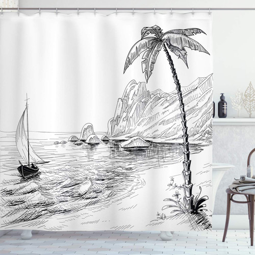 Ambesonne Black and White Shower Curtain, Sea Coast Beach with Palm Tree Boat and Hills Exotic Holiday Vacation, Cloth Fabric Bathroom Decor Set with Hooks, 69" W x 75" L, Black White