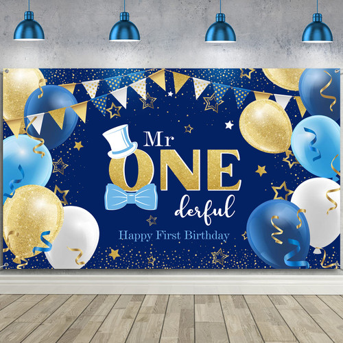 Boys 1st Birthday Decoration Mr. Onederful Birthday Party Supplies Boy 1st Birthday Backdrop Happy 1st Banner for Baby Toddler Little Man First Birthday Party Decor Photo Prop (Blue and Gold)