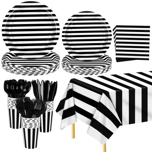 ADXCO 176 Pieces Black and White Disposable Dinnerware Set Paper Party Supplies Tableware Set Include Striped Plates and Napkins Cups Plastic Tablecloth Knives Forks and Spoons Serves 25 Guests