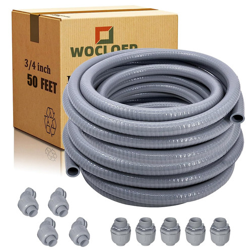 50 Foot Liquid-Tight Conduit Kit - 3/4inch Flexible Non Metallic Liquid Tight Electrical Conduit and 5 Straight and 4 Angle Fittings Included. 3/4" Dia