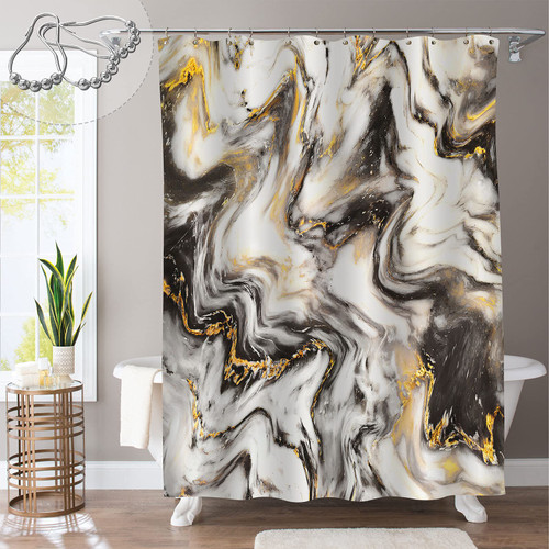 Gibelle Black and Gold Marble Shower Curtain, Abstract Granite Marble Fabric Shower Curtain, Modern Luxury Art Waterproof Shower Curtain Set for Men and Women, Unique Bath Accessories, 72 x 72