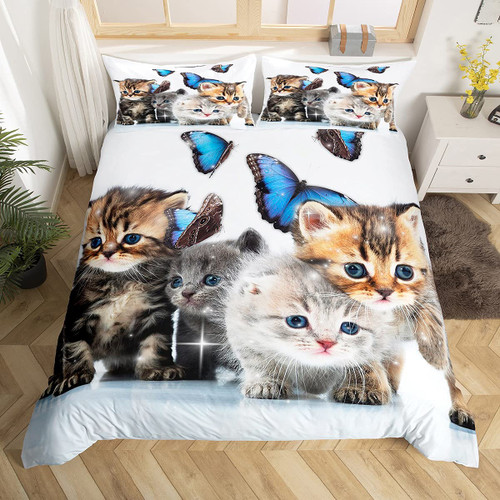 Cats Kids Bedding Set Cute Kitten Pattern Comforter Cover for Girls Boys Women Kawaii Cat Animal Printed Duvet Cover Blue Butterflies Decor Quilt Cover Lovely Cat Pattern Bedspread, Twin Size Cats Kids Bedding Set Cute Kitten Pattern Comforter Cover for Girls Boys Women Kawaii Cat Animal Printed Duvet Cover Blue Butterflies Decor Quilt Cover Lovely Cat Pattern Bedspread, Twin Size