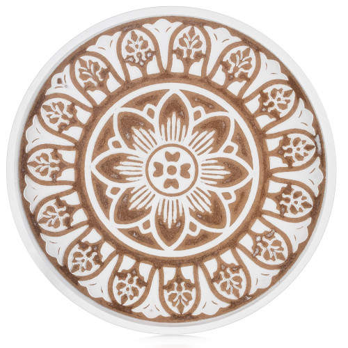 Hanobe Round Decorative Coffee Tray: Rustic White Table Tray Decor Farmhouse Centerpiece Wood Circle Tray Floral Serving Trays for Kitchen Counter Boho Ottoman Tray for Home