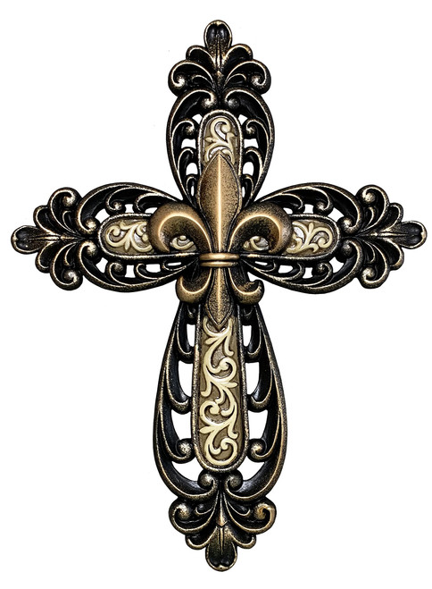 Top Brass Tuscan Fleur De Lis Layered Wall Cross Decorative Scrolly Details - Weathered Bronze Finish