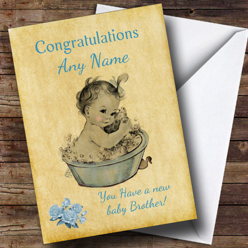 Pretty Vintage Blue Baby Boy Brother Personalized Sibling Greetings Greetings Card