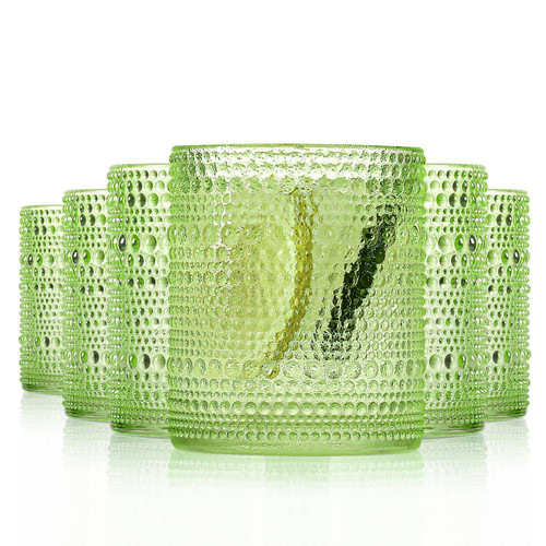 Bandesun Romantic Water Glasses, 12 oz Hobnail Drinking green Glasses Set 6, Embossed Vintage Glassware Set for Beer, Cocktail, Soda, Beverage