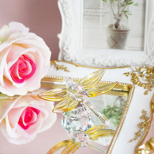 H&D HYALINE & DORA Crystal Dragonfly Figurine Christmas Decorative Yellow Glass Home Decor Ornaments Collectible Paperweight Gift