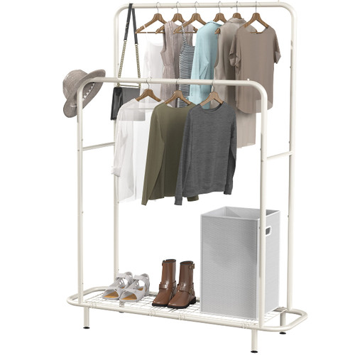 Simple Houseware Double Rod Clothing Garment Rack with Bottom Shelves, White