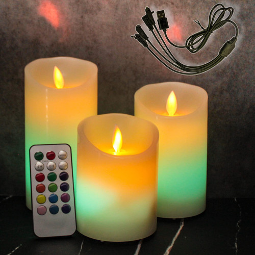 LEDHOLYT Flameless Candle RGB Set, Flickering LED Pillar Real Wax Candle with Remote Control and Timer, Upgraded Blue Flame Heart, Built-in Battery Rechargeable Flameless Candle, 1 Set of 3