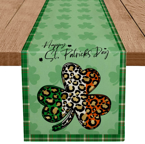 St Patricks Day Table Runner Happy St Patricks Day Buffalo Plaid Leopard Shamrocks Table Decorations Spring Holiday Home Party Kitchen Dining Table Decor 13x48 Inch