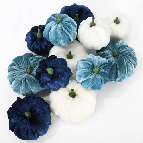AnyDesign 12Pcs Velvet Pumpkin Assorted Fall Halloween Artificial Pumpkins 2 Sizes Blue White Fake Fabric Pumpkin Autumn Table Centerpiece for Thanksgiving Harvest Party Mantel Farmhouse Decoration