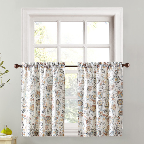 No. 918 Signy Jacobean Pattern Semi-Sheer Rod Pocket Kitchen Curtain Tier Pair, 54" x 24", White
