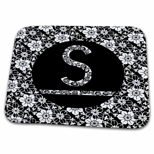 3dRose Pretty Black and White Floral Monogram Letter S - Dish Drying Mats (ddm-241326-1)