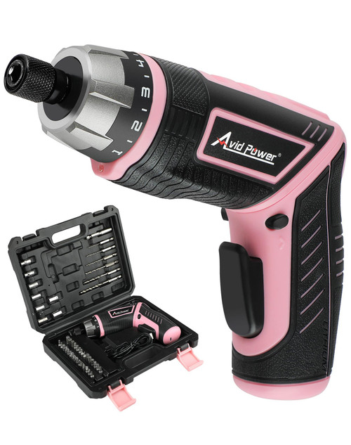 AVID POWER Electric Cordless Screwdriver Set Rechargeable 4V Power Screwdriver Kit with 44pcs Accessories, 5.65Nm Screw Gun, 5+1 Torque Setting, 2 Position Handle with LED Light - Pink Tools for Women AVID POWER Electric Cordless Screwdriver Set Rechargeable 4V Power Screwdriver Kit with 44pcs Accessories, 5.65Nm Screw Gun, 5+1 Torque Setting, 2 Position Handle with LED Light - Pink Tools for Women