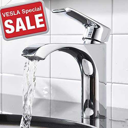 VESLA HOME Commercial Brass Single Handle Waterfall Chrome Bathroom Faucet, Lavatory Vanity Sink Faucet Without Pop Up Drain