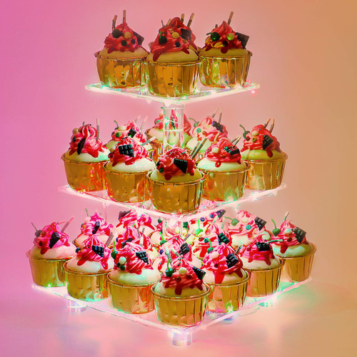 YestBuy 3 Tier Square Cupcake Stand - Premium Cupcake Holder - Acrylic Cupcake Tower Display - 3 Tier Acrylic Display for Pastry + LED Light String - Ideal for Weddings, Birthday Parties(Multicolored)