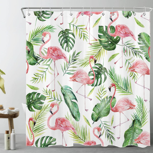 LB Tropical Pink Flamingo Shower Curtain for Bathroom,Sage Green Palm Leaf Monstera and Banana Leaf Fabric Shower Curtain with Hooks,Summer Watercolor Plant Bathroom Curtains Shower Set, 72x72 inches