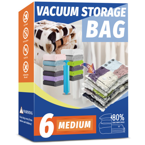 Vacuum Storage Bags, 6 Medium Space Saver Vacuum Seal Sealer Bags with Pump for Clothes, Clothing (6M)