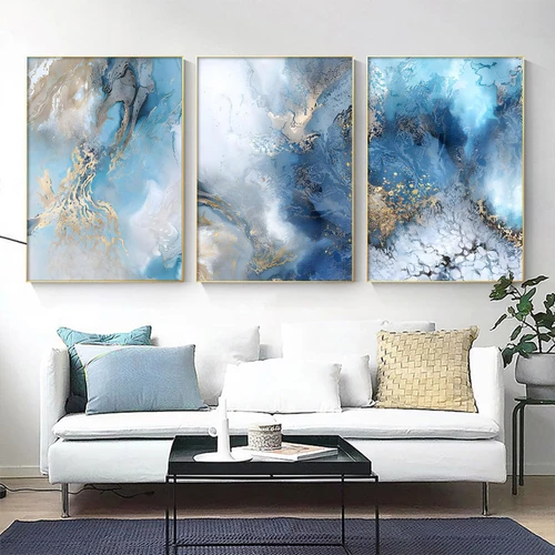 Abstract Blue Canvas Wall Art Navy Blue White Paintings Blue Marble Pictures Abstract Marble Art Print Blue and Gold Foil Wall Art Blue Watercolor Painting Modern Abstract Artwork 16x24inchx3 Unframed