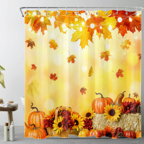 Farmhouse Fall Harvest Shower Curtain for Bathroom,Thanksgiving Orange Pumpkin and Yellow Sunflower Floral Fabric Shower Curtain with Hooks,Autumn Maple Leaf Bathroom Curtain Shower Set, 72x72 inches Farmhouse Fall Harvest Shower Curtain for Bathroom,Thanksgiving Orange Pumpkin and Yellow Sunflower Floral Fabric Shower Curtain with Hooks,Autumn Maple Leaf Bathroom Curtain Shower Set, 72x72 inches