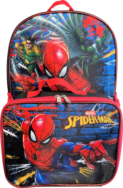 Ruz Spiderman Boys 16 Inch Backpack With Removable Matching Lunch Box Set (Black-Red)