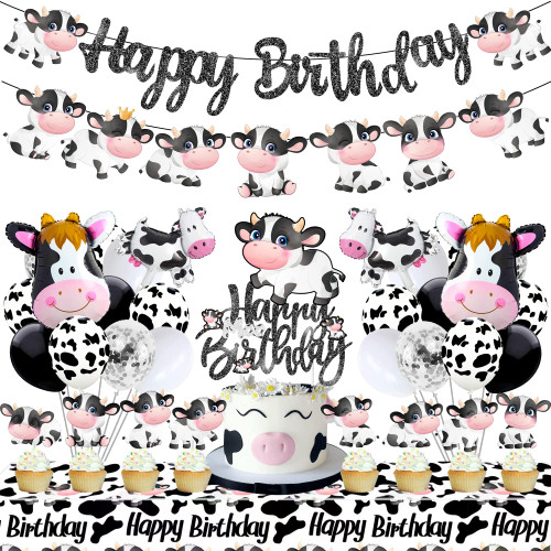 44pcs Cow Birthday Party Supplies Cow Print Latex Foil Balloon,Cow Happy Birthday Banner,Cow Print Tablecloth,Cow Theme Cake Decorations for Baby Shower Farm Animals Cow Themed Birthday Party Supplies
