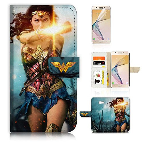 ( For Samsung Galaxy J7 Prime, SM-G610 ) Flip Wallet Case Cover & Screen Protector Bundle - A21369 Wonder Woman