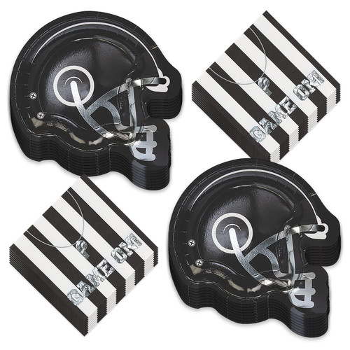 HOME & HOOPLA Football Party Helmet Shaped Paper Dessert Plates and Game On Referee Napkins (Serves 16)