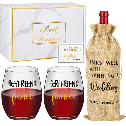 Laatuva Engagement Gifts for Couples, Boyfriend Girlfriend Wine Glasses & Wine Gift Bag Set, Wedding Gifts for Newlyweds Bride Groom Fiance Fiancee Him Her Mr Mrs, Bridal Shower Gift for Bride to be