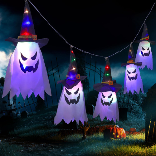 Halloween Decorations Flying Ghost Hats, Halloween Hanging Witch Hat Decor 5 Pack Lighted Glowing Ghost Decor Indoor Outdoor Ornaments for Yard Tree Garden
